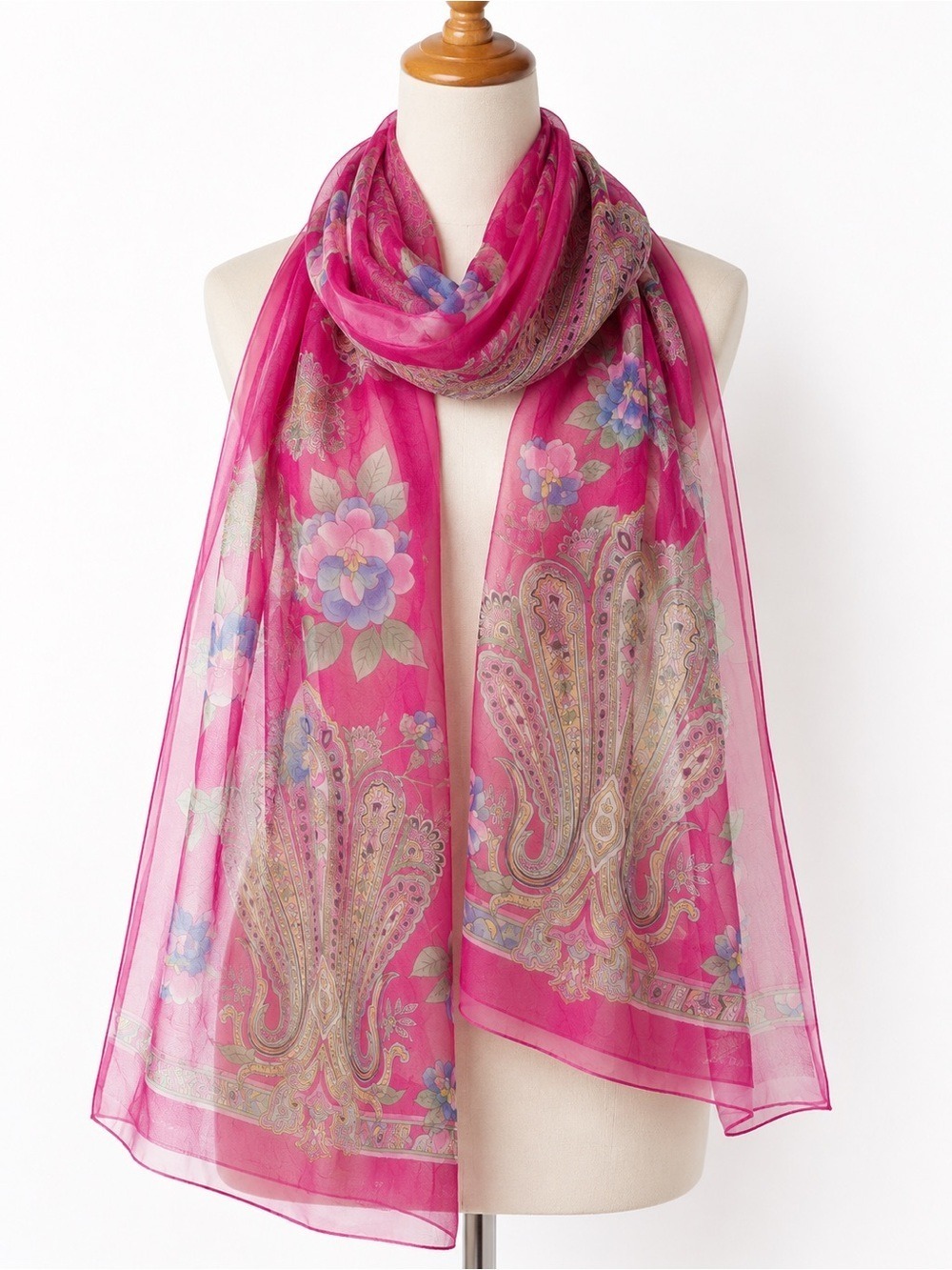 Leonard Paris 100% Silk Oversized Oblong Scarf Shawl 27”x70” Pink Floral Paisley